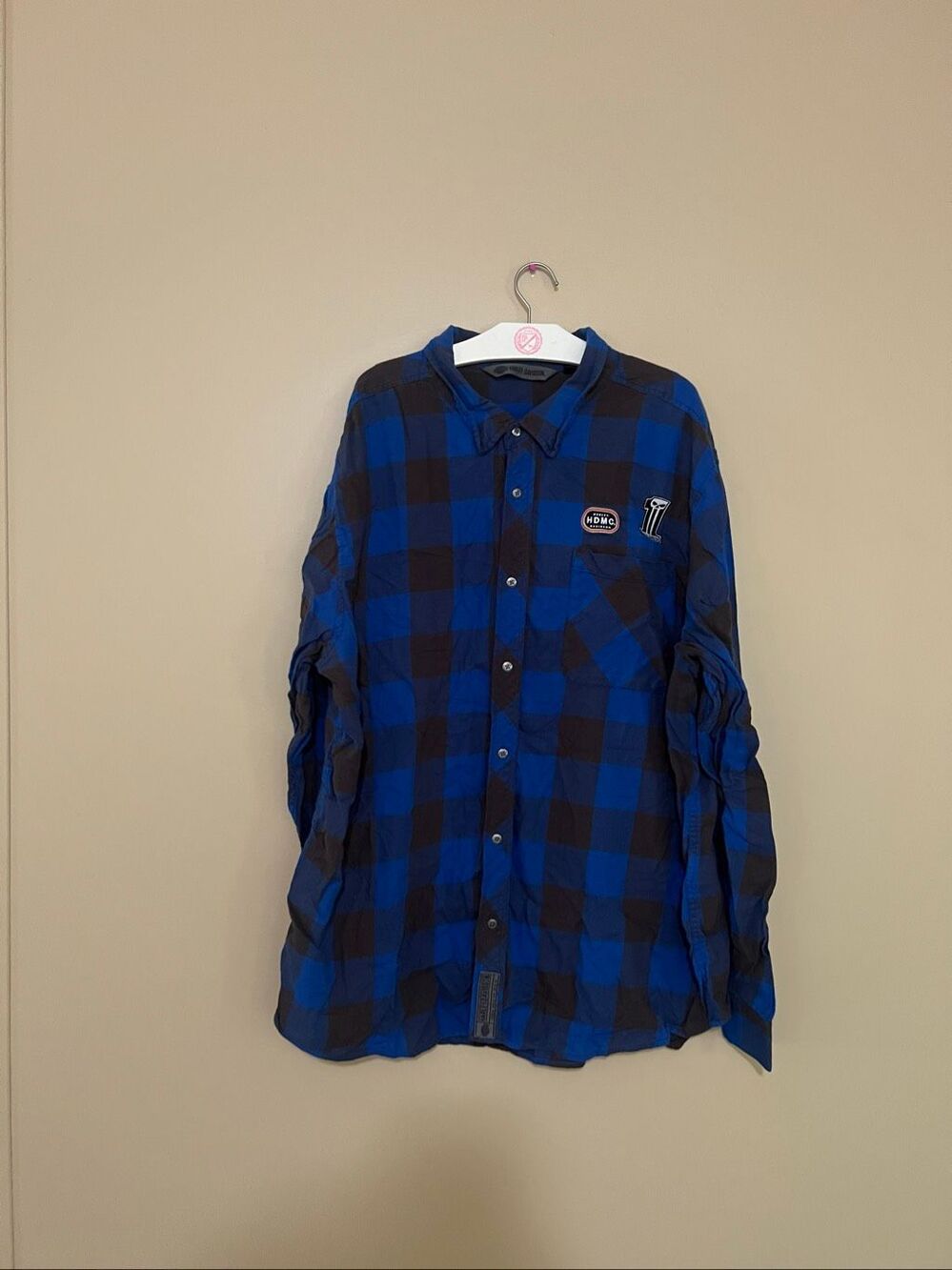 Harley Davidson Blue And Grey Plaid Button Up Shirt Men’s Size 3XL Slim -Flaws